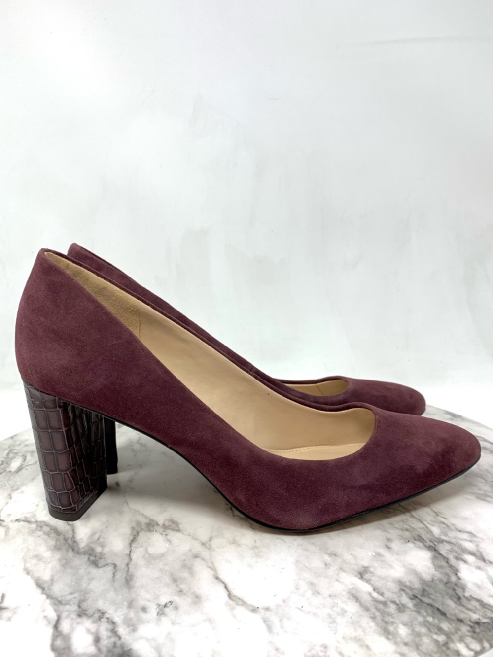 Essex Lane Margan Burgundy Suede Reptile Print Block Heel Pumps 8 Classic Preppy - Picture 2 of 15
